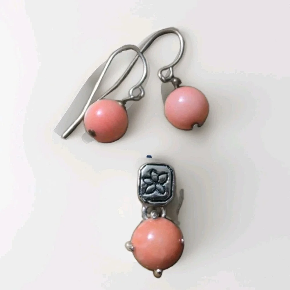 Vtg Sterling 925 Angel‎ Skin Pink Coral Beaded Necklace, Charm, Earrings 3pc Set